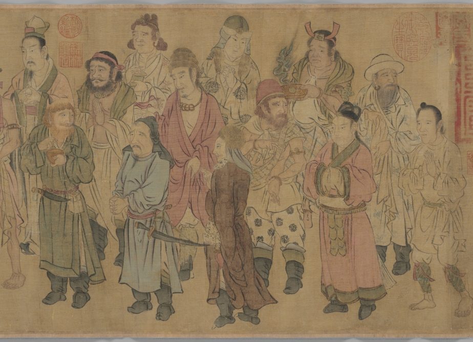 Detail from "Barbarian Royalty Worshiping the Buddha," attributed to Zhao Guangfu (ca. 923-976): Sixteen foreign rulers pay homage to the Buddha, who is seated on a lotus throne with two disciples and two guardians.